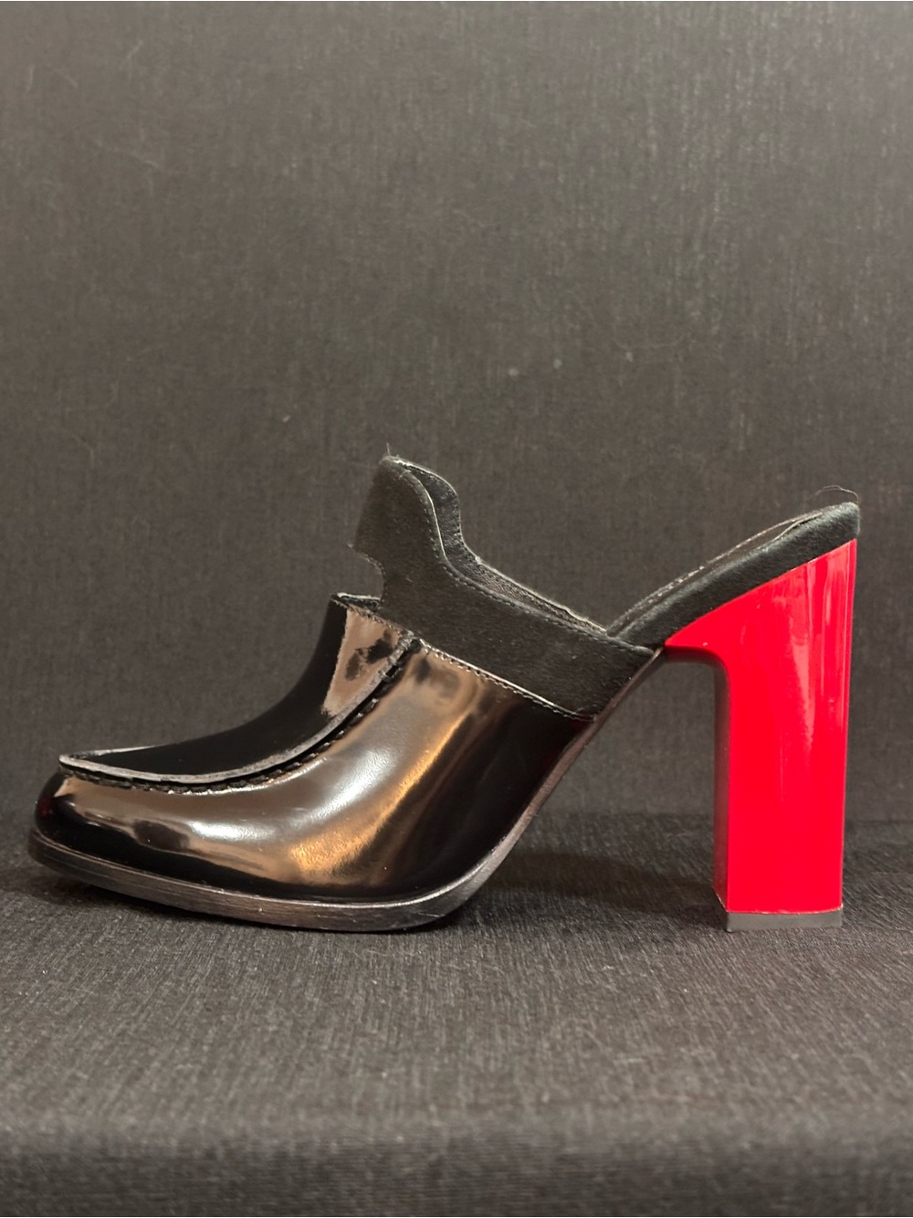 Opening Ceremony Black Patent Leather Loafer Mules Red Block Heel EU 36 Size 6